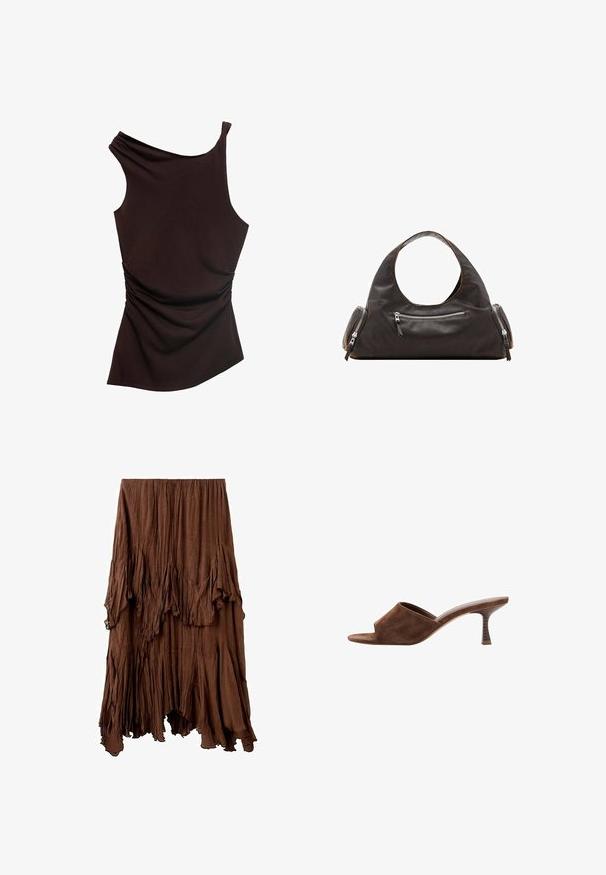 Top asymétrique marron avec une épaule, texture froncée d'un côté et finis lisse sur l'ensemble. Tissu doux et extensible.; Jupe marron froissée avec un ourlet asymétrique et des détails de tissu superposés et drapés créant un effet texturé et fluide.; Mule en daim marron à bout ouvert, talon en bois incurvé de hauteur moyenne et design à enfiler sur fond blanc.; Sac à main en cuir noir avec une poignée supérieure arrondie, deux poches latérales zippées et une texture lisse. Design légèrement souple.