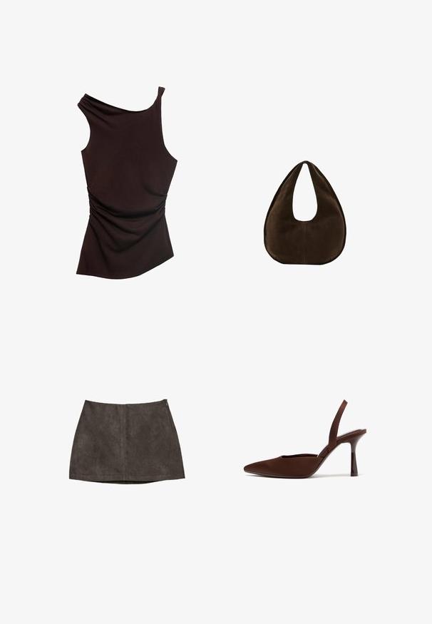 Top asymétrique marron avec une épaule, texture froncée d'un côté et finis lisse sur l'ensemble. Tissu doux et extensible.; Mini-jupe en daim brun foncé avec une couture frontale et une fermeture éclair latérale, vue à plat sur un fond blanc.; Chaussure à talon haut brun à bout pointu avec bride arrière, dotée d'un talon fin et courbé, photographiée sur fond blanc.; Sac à main en daim marron foncé en forme de croissant avec une seule sangle large et une texture lisse sur fond blanc.