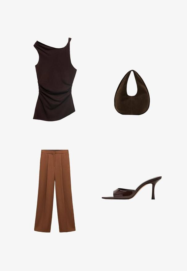 Top asymétrique marron avec une épaule, texture froncée d'un côté et finis lisse sur l'ensemble. Tissu doux et extensible.; Pantalon large marron taille haute avec plis à l'avant et poches latérales, doté d'une fermeture éclair dissimulée à l'avant et d'une fermeture au niveau de la ceinture.; Mule en cuir verni marron foncé, à bout ouvert, avec une large bride et un talon haut fin sur fond blanc.; Sac à main en daim marron foncé en forme de croissant avec une seule sangle large et une texture lisse sur fond blanc.