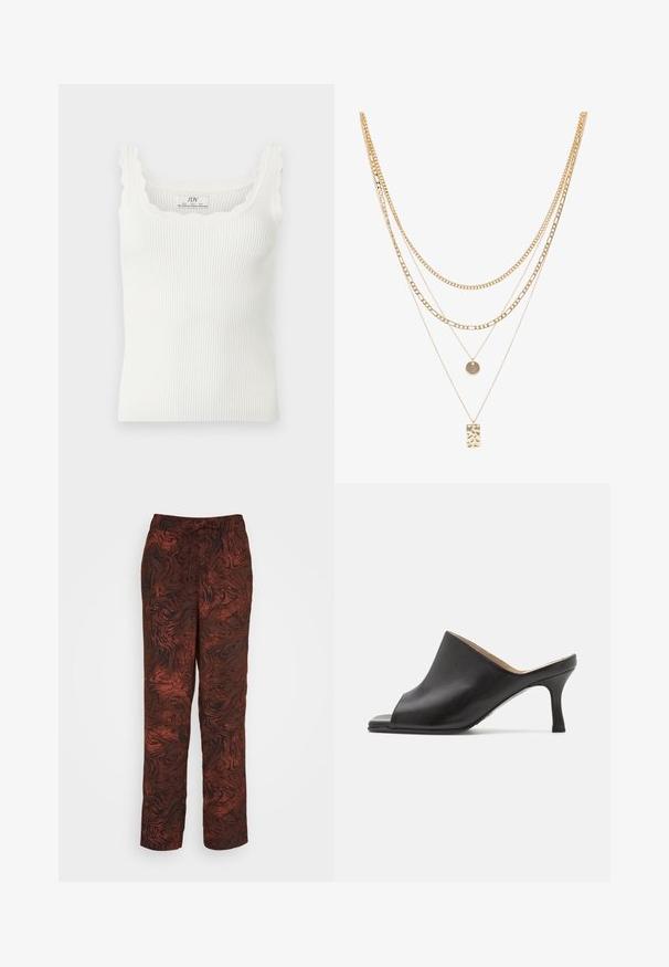 Débardeur en maille côtelée blanche avec encolure carrée festonnée et bretelles, sans manches, coupe près du corps.; Soaked in Luxury SHIRLEY PANTS - Pantalon classique - brown; Selected ASHLEY - Mules à talons - black; Collier en or à plusieurs couches avec différents styles de chaînes, y compris des maillons épais et des chaînes fines, orné de pendants circulaires et rectangulaires.