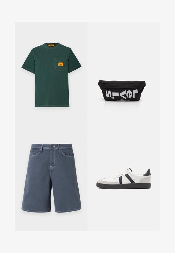 Grøn bomuld t-shirt med rund hals, korte ærmer og en forlomma med en orange etiket. Kontrastsyning er synlig.; Mørkeblå shorts lavet af bomuld med hvid stikning, fem lommer og en knaplukning i taljen. Lige ben-design, minimal detaljer.; Hvide sneakers med sorte og grå detaljer, med en tekstureret grå tåhætte, sort gummisål og flade hvide snørebånd. Rent design, minimalistisk stil.; Sort stoftaske med flad form, prydet med fed hvid tekst. Lynlåsen er placeret øverst, med en løkke detalje på den ene side.