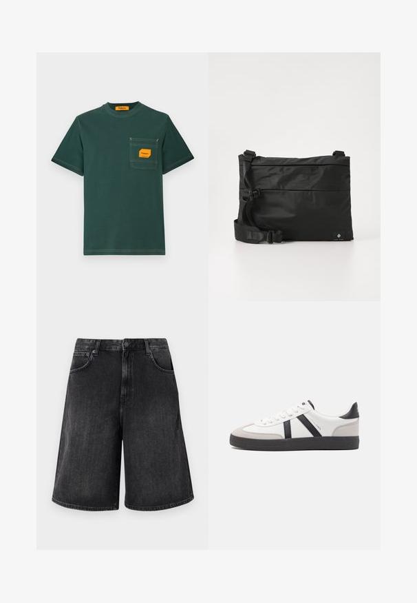 Grünes Baumwoll-T-Shirt mit rundem Ausschnitt, kurzen Ärmeln und einer frontalen Tasche mit einem orangefarbenen Etikett. Kontrastnähte sind sichtbar.; Schwarze Jeans-Shorts mit einem weit geschnittenen, geraden Schnitt, mit einem Frontknopfverschluss und fünf Taschen. Weiche Textur mit einem verwehten Finish.; Weiße Sneaker mit schwarz- und grau-aczenten, ausgestattet mit einer strukturierten grauen Zehenkappe, schwarzer Gummi-Sohle und flachen weißen Schnürsenkeln. Sauberes Design, minimalistische Stil.; Schwarze Nylon-Umhängetasche mit verstellbarem Riemen, flachem Design und seitlichem Etikett mit Logo. Glatte Textur und minimalistischer Stil.
