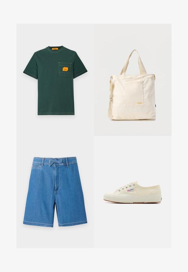 Grøn bomuld t-shirt med rund hals, korte ærmer og en forlomma med en orange etiket. Kontrastsyning er synlig.; Lysblå denimshorts med snoretræk i taljen, forlommer og kontraststikninger. Klassisk design, knælangt snit.; Beige lærredssneaker med et lavprofildesign, metaløjet og gummisål. Har et tekstureret mønster og logodetalje på siden.; Kremfarvet lærredstote-taske med frontlomme, to håndtag, justerbar skulderrem og lille gul "O.N.S" tekst i nederste højre hjørne af lommen.