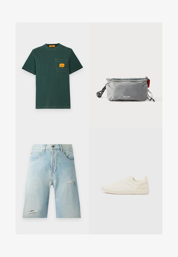 Grünes Baumwoll-T-Shirt mit rundem Ausschnitt, kurzen Ärmeln und einer frontalen Tasche mit einem orangefarbenen Etikett. Kontrastnähte sind sichtbar.; Hellblaue Denim-Shorts mit einer lockeren Passform, featuring distressierte Akzente, seitliche Taschen und einen einzelnen oberen Knopfverschluss.; ALDO THEPITCH - Sneaker low - white; Graue rechteckige Tasche mit Reißverschlüssen, schwarz-weißem Griff aus Seil an einer Seite und dem Schriftzug "ONLY & SONS" vorne in der Mitte.