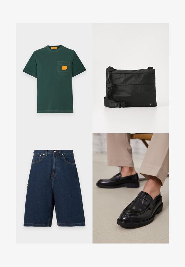 Grøn bomuld t-shirt med rund hals, korte ærmer og en forlomma med en orange etiket. Kontrastsyning er synlig.; Mørkeblå denimshorts i løs pasform med to frontlommer og en enkelt baglomme, afsluttet med orange syninger.; Sorte lædermokkasiner med en glat overflade, der har en dekorativ rem og kontraststing, parret med beige bukser.; Sort nylon messenger-taske med justerbar rem, fladt design og et sideetiket med et logo. Glat tekstur og minimalistisk stil.