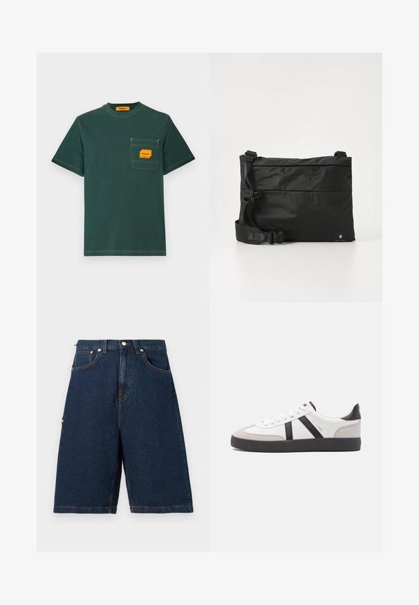 Grünes Baumwoll-T-Shirt mit rundem Ausschnitt, kurzen Ärmeln und einer frontalen Tasche mit einem orangefarbenen Etikett. Kontrastnähte sind sichtbar.; Dunkelblaue Denim-Shorts mit lockerer Passform, ausgestattet mit zwei vorderen Taschen und einer einzelnen Gesäßtasche, abgerundet mit orangefarbenen Nähakzenten.; Weiße Sneaker mit schwarz- und grau-aczenten, ausgestattet mit einer strukturierten grauen Zehenkappe, schwarzer Gummi-Sohle und flachen weißen Schnürsenkeln. Sauberes Design, minimalistische Stil.; Schwarze Nylon-Umhängetasche mit verstellbarem Riemen, flachem Design und seitlichem Etikett mit Logo. Glatte Textur und minimalistischer Stil.
