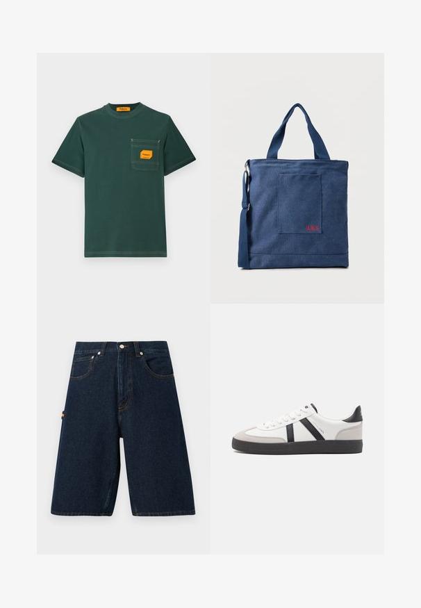 Groene katoenen T-shirt met ronde hals, korte mouwen en een borstzak met een oranje label. Contrasterend stiksel is zichtbaar.; Donkerdenim shorts met een losse snit, vijf zakken en contrasterende oranje stiksels. Heeft een klassieke knoop- en ritssluiting.; Witte sneaker met zwarte en grijze accenten, voorzien van een grijze neus met textuur, zwarte rubberen zool en platte witte veters. Schoon ontwerp, minimalistische stijl.; Blauwe canvas tas met voorvak en rode "O.N.S" borduring, voorzien van dubbele handvatten en een verstelbare schouderriem.