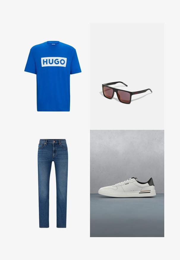 Blaues Baumwoll-T-Shirt mit einem großen weißen rechteckigen Grafikdesign, auf dem der Text "HUGO" in fetten blauen Buchstaben steht. Klassischer runder Ausschnitt und kurze Ärmel.; Blaue Jeans aus Denim mit geradem Bein, ausgestattet mit einem Knopfverschluss, fünf Taschen und subtilen Ausbleichungen auf dem Stoff.; Weißer Sneaker mit niedrigem Schnitt und schwarzer Ferse, Schnürverschluss, dezenten Perforationen und "BOSS"-Logo an der Seite, gezeigt von der äußeren Seitenansicht.; Schwarze rechteckige Sonnenbrille mit dunkelroten Gläsern, mit matter Oberfläche und rotem Logo am Bügel. Robuster Kunststoffrahmen.