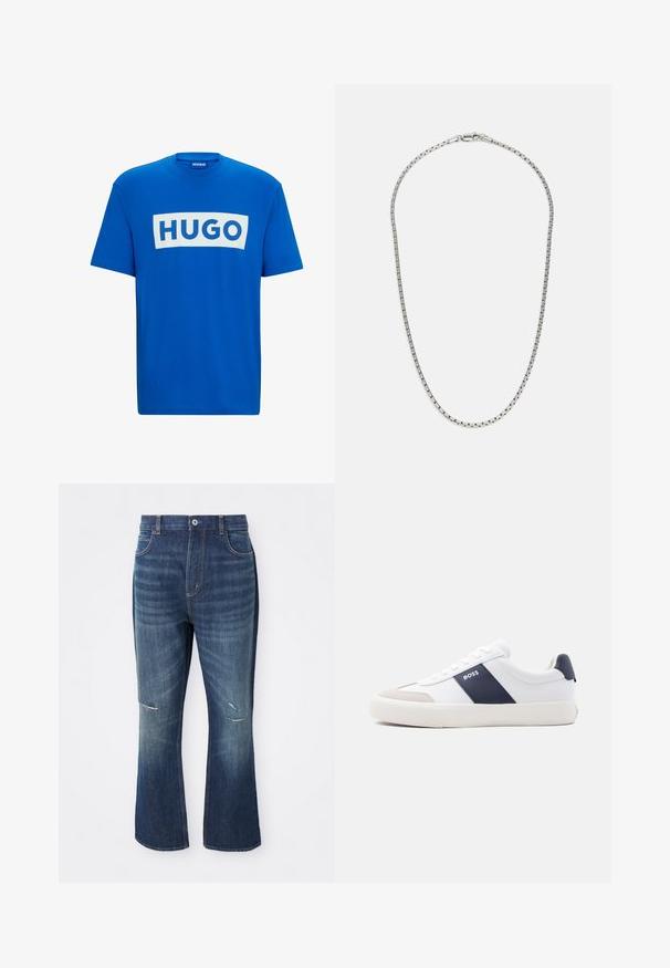 Blaues Baumwoll-T-Shirt mit einem großen weißen rechteckigen Grafikdesign, auf dem der Text "HUGO" in fetten blauen Buchstaben steht. Klassischer runder Ausschnitt und kurze Ärmel.; Blaue Jeans im Schlagstil mit leichter Abnutzung an beiden Knien und einem Knopfverschluss an der Taille, vor einem weißen Hintergrund präsentiert.; Weißer Sneaker mit niedrigem Schaft, marineblauem Seitenstreifen, "BOSS" Logo, beiger Zehenkappe und weißer Sohle, seitlich auf hellem Hintergrund gezeigt.; Silberne Kettenhalskette mit einem abwechselnden Glieddesign. Sie verfügt über flache, rechteckige Glieder und einen sicheren Verschluss, mit durchgehend glatter Oberfläche.