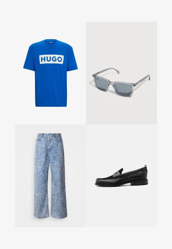 Μπλε βαμβακερό t-shirt με μεγάλο λευκό ορθογώνιο γραφικό που έχει την επιγραφή "HUGO" με έντονους μπλε χαρακτήρες. Κλασική στρογγυλή λαιμόκοψη και κοντά μανίκια.; Μαλακά μπλε παντελόνια με φαρδιά πόδια και υφή, διαθέτουν παραδοσιακή ζώνη και τέσσερις τσέπες, με μπροστινό κουμπί και φερμουάρ.; Μαύρος δερμάτινος λόφερ με γκρι λουράκι, χαμηλό τακούνι και υφασμένο πέλμα, με το λογότυπο "HUGO" σε χρυσό στο πλάι.; Ορθογώνια γυαλιά ηλίου με γκρι απόχρωση, διάφανα πλαστικά γκρι σκελετά και λεπτούς βραχίονες, παρουσιασμένα σε λευκή επιφάνεια.