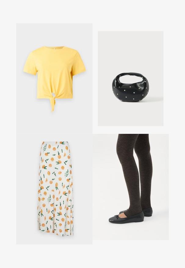 T-shirt court jaune à manches courtes avec un nœud noué devant et un col rond sur fond blanc.; Jupe blanche ornée d'un motif dispersé de tranches d'orange, d'oranges entières et de feuilles vertes. Le tissu semble lisse avec un design fluide.; Jambes portant des leggings côtelés foncés associés à des ballerines noires avec de petits détails en nœud sur fond blanc.; Sac à main en cuir noir de forme arrondie, décoré de clous argentés et équipé d'une poignée courte. Texture lisse et fermeture éclair.