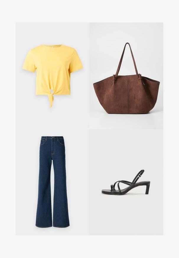 T-shirt court jaune à manches courtes avec un nœud noué devant et un col rond sur fond blanc.; Abercrombie & Fitch Jean boyfriend - rinse; Sandale noire à lanières avec un bout carré et un petit talon bloc. Elle présente plusieurs fines lanières et une sangle de cheville ajustable. Fabriquée en cuir lisse.; Sac fourre-tout en daim marron avec une forme large et ouverte, doté de longues poignées et de coutures discrètes le long des bords. Aucun matériel visible.