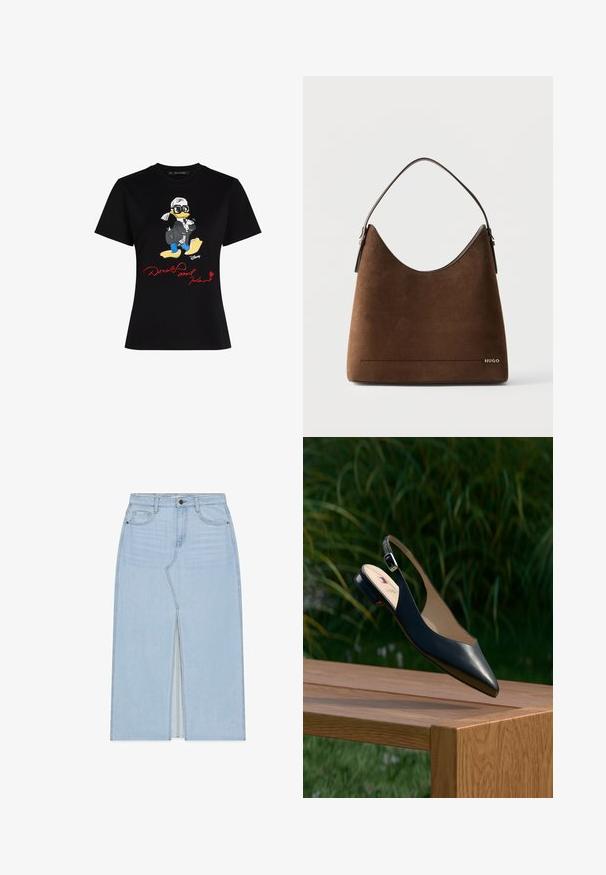 Sort bomulds t-shirt med et farverigt cartoon karaktergrafik og røde tekst "Donald og Karl" på forsiden. Korte ærmer, klassisk pasform.; Lyseblå denim midi nederdel med frontslids, bæltestropper, knaplukning samt for- og baglommer.; Sort læder slingback flad sko med spids tå og justerbar spænde, vist over et træbord med grøn løvbaggrund.; Brun ruskindshåndtaske med enkelt strop, buet topkant og lille metallisk "HUGO" logo nederst til højre foran.