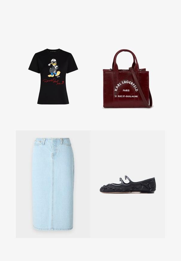 Sort bomulds t-shirt med et farverigt cartoon karaktergrafik og røde tekst "Donald og Karl" på forsiden. Korte ærmer, klassisk pasform.; Lys blå denim blyantskørt med høj talje, fem lomme-design og subtile syninger langs sømmene.; Sort flad sko med tre remme og flere små dekorative sløjfer langs siderne, tåen og hælen, vist i profil.; Bordeaux læder håndtaske med dobbelte top-håndtag og en aftagelig skulderrem. Har hvid tekst: "KARL LAGERFELD PARIS 21 RUE ST-GUILLAUME."
