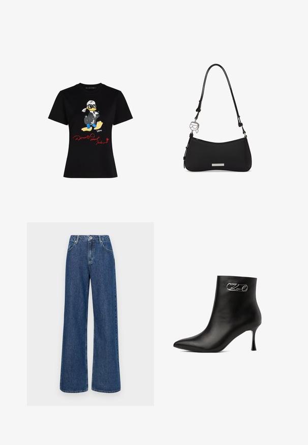 Schwarzes Baumwoll-T-Shirt mit einem bunten Cartoon-Charakter-Graphic und rotem Text "Donald und Karl" auf der Vorderseite. Kurze Ärmel, klassischer Schnitt.; Weite blaue Jeans mit hohem Bund, ausgestattet mit Fronttaschen und einem einzelnen Knopfverschluss. Strukturierter Stoff mit sichtbaren Nähten.; Schwarzer Leder-Stiefelette mit spitz zulaufender Zehe, dünnem Absatz und silberner Zierschnalle an der Außenseite nahe dem oberen Rand.; Schwarze Schultertasche mit geschwungenem Boden, verstellbarem Riemen, Metall-Logo-Plakette und silbernem Anhänger in Form eines Gesichts mit Sonnenbrille.