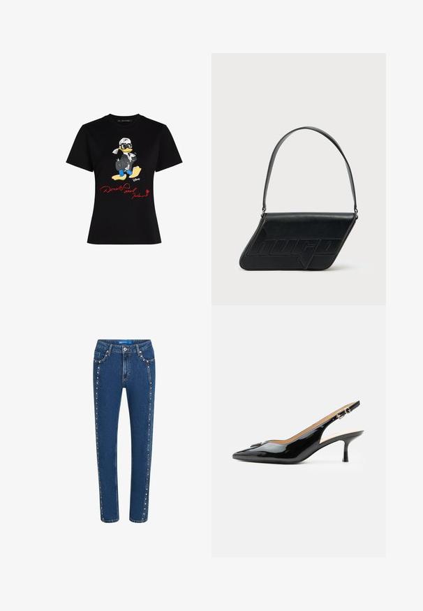 Sort bomulds t-shirt med et farverigt cartoon karaktergrafik og røde tekst "Donald og Karl" på forsiden. Korte ærmer, klassisk pasform.; Mørkeblå denim jeans med lige pasform, der har kontrasterende syninger og dekorative nitter langs sidesømmene og forlommerne.; Sort patentlæder slingback hæl med spids tå, lille kitten hæl og sølvspænde på en ensartet hvid baggrund.; Sort skuldertaske i læder med trekantet form, præget logo og en enkelt justerbar rem. Minimalistisk design med glat tekstur.