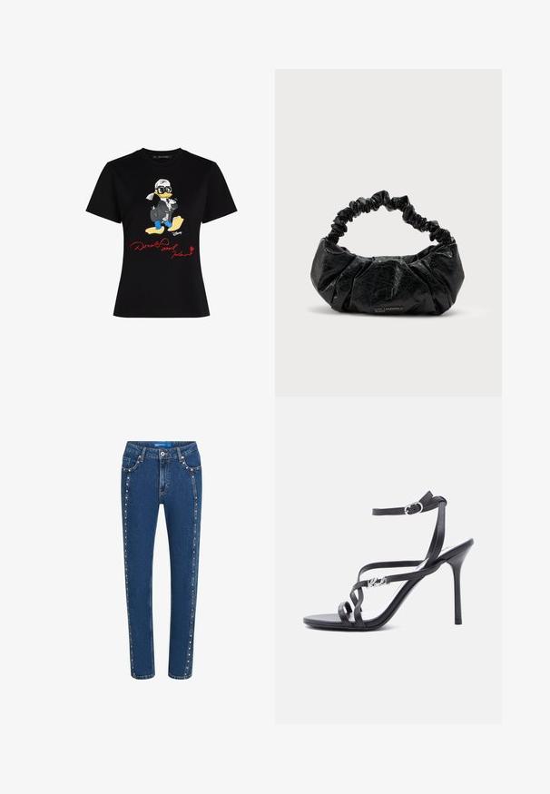 Sort bomulds t-shirt med et farverigt cartoon karaktergrafik og røde tekst "Donald og Karl" på forsiden. Korte ærmer, klassisk pasform.; Mørkeblå denim jeans med lige pasform, der har kontrasterende syninger og dekorative nitter langs sidesømmene og forlommerne.; Sort højhælet sandal med tynde stropper, ankelspænde og en metal-logo detalje på siden af stroppen, sat mod en hvid baggrund.; Sort tekstureret læderhåndtaske med samlet elastikhåndtag og diskret "Karl Lagerfeld Jeans" logo foran nederst i midten.