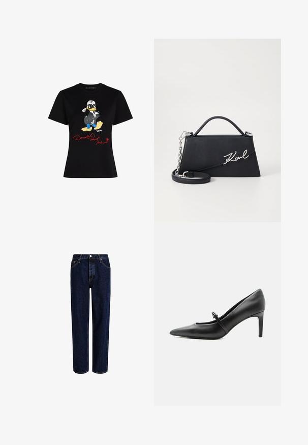 Zwarte katoenen T-shirt met een kleurrijke cartoonfiguurafbeelding en rode tekst "Donald en Karl" op de voorkant. Korte mouwen, klassieke pasvorm.; Donkerblauwe denim jeans met een straight-leg ontwerp, voorzien van een hoge taille, vijf zakken en contrasterende stiksels. Geen versieringen.; Zwarte leren pumps met puntige neus, dunne riem en gesp over de wreef, staand op een neutrale lichte achtergrond.; Zwarte leren handtas met een driehoekige vorm, zilveren "Karl" logo detail en een afneembare schouderband van ketting. Gladde textuur en gestructureerd ontwerp.
