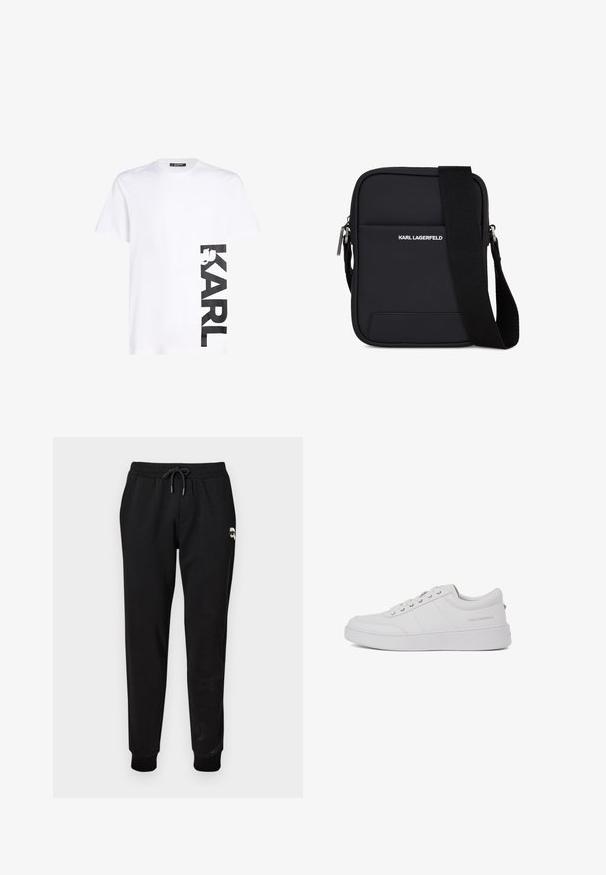 T-shirt en coton blanc avec un grand logo noir imprimé "KARL" sur le côté gauche, manches courtes et encolure classique.; Pantalon de survêtement noir avec une taille élastique et un cordon de serrage ajustable. Présente des poignets côtelés et un petit détail graphique sur la cuisse.; Baskets blanches en cuir avec un design classique à tige basse, semelle plate et logo de marque discret sur le talon. Présente cinq œillets métalliques pour les lacets.; Sac bandoulière rectangulaire noir avec sangle réglable, poche avant et logo "KARL LAGERFELD" en texte blanc.