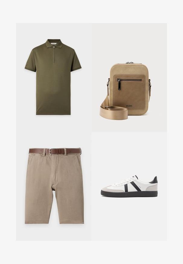 Polo vert olive à manches courtes avec col zippé, poignets côtelés et sans motifs ni logos visibles, présenté sur un fond uni.; Shorts en coton beige à coupe droite, dotés d'une ceinture en cuir marron et de poches latérales, avec une texture lisse et des ourlets soigneusement finis.; Baskets blanches avec des accents noirs et gris, présentant un embout texturé gris, une semelle en caoutchouc noir et des lacets plats blancs. Design épuré, style minimaliste.; Petit sac bandoulière beige avec poche avant zippée, logo métallique ALDO, sangle large ajustable et forme rectangulaire arrondie sur fond blanc.