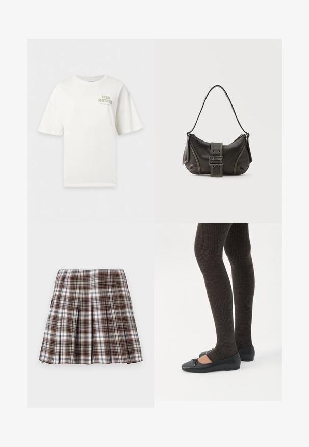 T-shirt blanc à manches courtes avec le texte « ICED MATCHA I like you so matcha » imprimé sur la partie supérieure gauche de la poitrine.; Jupe plissée à carreaux bruns et blancs avec un design structuré et une texture nette, présentant une taille haute et de multiples plis verticaux.; Jambes portant des leggings côtelés foncés associés à des ballerines noires avec de petits détails en nœud sur fond blanc.; Sac à épaule en cuir noir avec une sangle à boucle, des bords arrondis et des coutures blanches contrastées sur un fond uni.