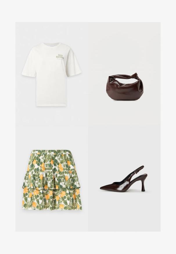 T-shirt blanc à manches courtes avec le texte « ICED MATCHA I like you so matcha » imprimé sur la partie supérieure gauche de la poitrine.; Mini-jupe à volants avec taille élastique, présentant un motif floral jaune et feuilles vertes sur un fond clair.; Talons slingback en cuir verni brun avec un bout pointu, un talon fin, et une sangle réglable avec une petite boucle.; Sac bandoulière en cuir marron foncé avec une forme souple et décontractée et une anse nouée torsadée sur un fond blanc uni.