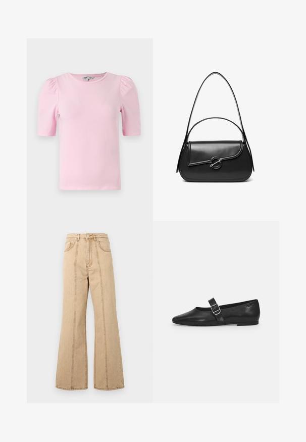 Camiseta de manga corta de color rosa claro hecha de tela suave. Presenta un cuello redondo clásico y mangas abullonadas con fruncidos para añadir textura.; Jeans de pierna ancha en color beige con una altura alta, cinco bolsillos y costuras en contraste para mayor detalle. Tejido de algodón con una textura suave.; Zapato plano de cuero negro con punta redondeada, una sola correa ajustable con hebilla y una textura suave y brillante. Diseño minimalista con un tacón bajo.; Bolso de hombro de cuero negro con una solapa curva asegurada por un broche metálico redondo y una correa delgada y ajustable.