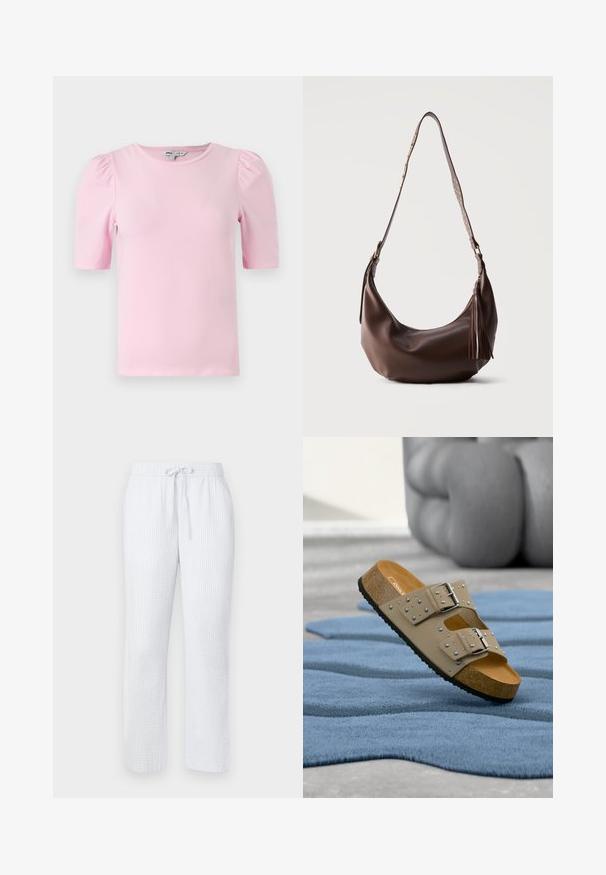 Camiseta de manga corta de color rosa claro hecha de tela suave. Presenta un cuello redondo clásico y mangas abullonadas con fruncidos para añadir textura.; Pantalones de pijama azul claro con un patrón texturizado, cinturilla elástica y cordón ajustable. Diseño de pierna recta, tela ligera.; Sandalia beige con suela de corcho, dos tiras con tachuelas y hebillas plateadas, descansando sobre una alfombra azul texturizada, con muebles grises desenfocados al fondo.; Bolso de hombro de cuero marrón con tachuelas doradas en la correa y cremallera con borla de cuero, mostrado sobre un fondo liso.