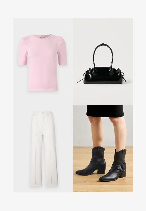 Hellrosa Kurzarm-T-Shirt aus weichem Stoff. Verfügt über einen klassischen Rundhalsausschnitt und geraffte Puffärmel für zusätzliche Textur.; Weiße Denim-Hose mit weitem Bein und hoher Taille, versehen mit vertikalen Nähten und einem Frontknopfverschluss. Glatte Textur mit einem klaren Design.; Schwarze Leder-Stiefeletten mit spitzem Zehenbereich, Reißverschluss, geschwungenem Absatz und einem dekorativen Riemen mit metallischen Akzenten.; Kleine schwarze glänzende Handtasche mit zwei langen Griffen und seitlichen Kordelzug-Details vor einfachem hellem Hintergrund.