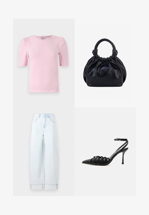 Camiseta de manga corta de color rosa claro hecha de tela suave. Presenta un cuello redondo clásico y mangas abullonadas con fruncidos para añadir textura.; Jeans de mezclilla de pierna ancha color azul claro, con cintura alta, bolsillos frontales y un dobladillo enrollado con costuras visibles.; Zapato de tacón alto negro con punta fina, bordes ondulados, ojales metálicos, cordones delanteros y una correa en el tobillo con cierre de hebilla.; Bolso de mano de cuero negro suave con parte superior fruncida y dos asas gruesas atadas en nudos sobre un fondo claro y liso.