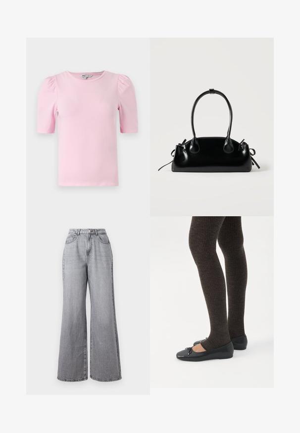 Camiseta de manga corta de color rosa claro hecha de tela suave. Presenta un cuello redondo clásico y mangas abullonadas con fruncidos para añadir textura.; Pantalones vaqueros de pierna ancha en gris claro, confeccionados en denim, con una cintura alta, cinco bolsillos y una textura ligeramente descolorida. Cierre con botón metálico y cremallera.; Piernas con leggings oscuros acanalados combinados con bailarinas negras que presentan pequeños detalles de lazo sobre un fondo blanco.; Pequeño bolso negro brillante con dos asas largas y detalles de cordón lateral sobre un fondo claro liso.