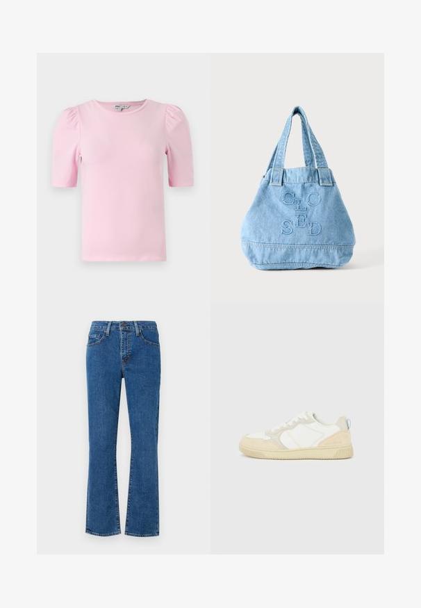 Camiseta de manga corta de color rosa claro hecha de tela suave. Presenta un cuello redondo clásico y mangas abullonadas con fruncidos para añadir textura.; Jeans de mezclilla azul claro con corte recto, diseño de cinco bolsillos y detalles de costura. La tela tiene textura con un ligero desvanecimiento.; Zapatilla blanca y beige con parte superior de ante y textil, con costuras en contraste, suela de goma y un detalle en azul claro en el talón.; Bolsa tote de denim azul claro con asas dobles y la palabra "CLOSED" bordada en letras grandes en el frente.