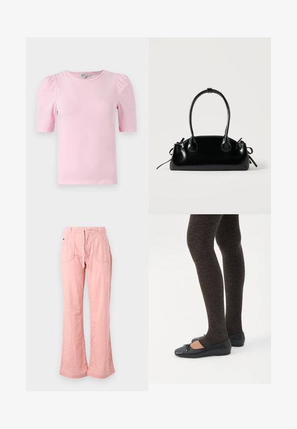 Camiseta de manga corta de color rosa claro hecha de tela suave. Presenta un cuello redondo clásico y mangas abullonadas con fruncidos para añadir textura.; Pantalones anchos de color rosa claro, confeccionados con una tela suave, que cuentan con una cintura con cordón, dos bolsillos frontales y un acabado texturizado.; Piernas con leggings oscuros acanalados combinados con bailarinas negras que presentan pequeños detalles de lazo sobre un fondo blanco.; Pequeño bolso negro brillante con dos asas largas y detalles de cordón lateral sobre un fondo claro liso.