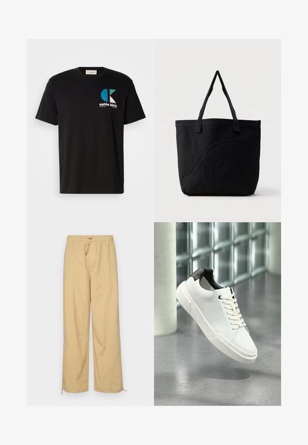 Zwarte katoenen t-shirt met een grafisch ontwerp met het logo "calvin klein" in wit, teal en roze. Ronde halslijn en korte mouwen.; Beige wijde broek met een elastische tailleband, trekkoorddetail en ritsen bij de enkels. Soepele textuur met subtiele verticale lijnen.; Witte lage sneaker met zwarte, gestructureerde hielkap, witte veters en dikke zool op een gepolijste betonnen vloer nabij glazen blokken.; Zwarte canvas tas met twee schouderbanden en een subtiel, ingebosseleerd cirkelvormig ontwerp aan de voorkant.