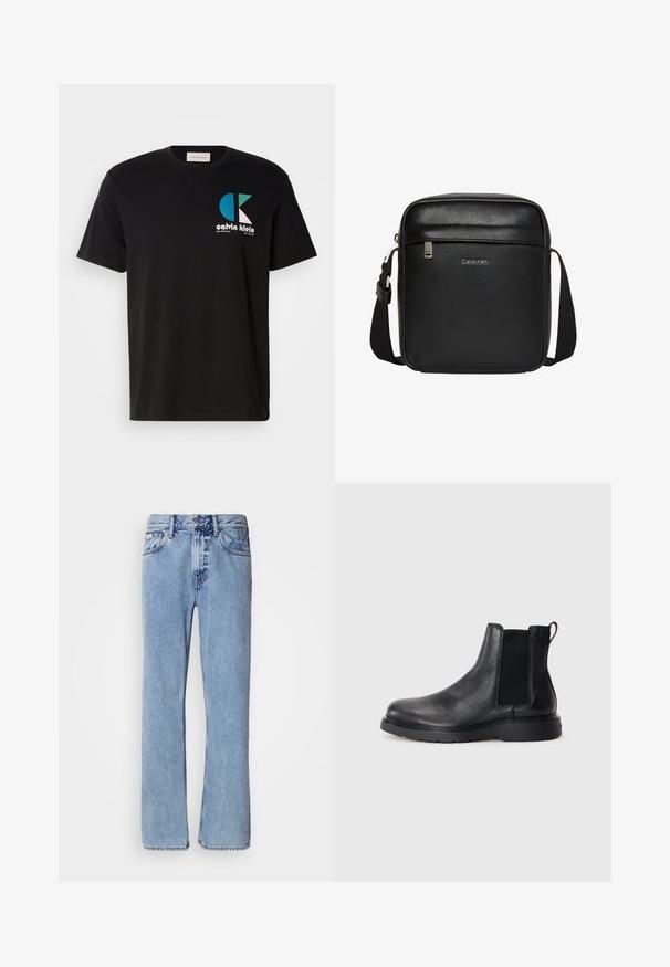 Camiseta de algodón negra con un diseño gráfico que presenta el logotipo "calvin klein" en blanco, verde azulado y rosa. Cuello redondo y mangas cortas.; Jeans de mezclilla azul claro con un diseño de pierna recta, cinco bolsillos y cierre de botón. Detalles de costura cerca de los bolsillos y la cintura.; Botas Chelsea de cuero negro con acabado texturizado, paneles laterales elásticos y una suela de goma resistente. Marca sutil en el talón.; Bolso bandolera negro de Calvin Klein con correa ajustable, bolsillo frontal con cremallera y logotipo sutil en superficie de piel texturizada.