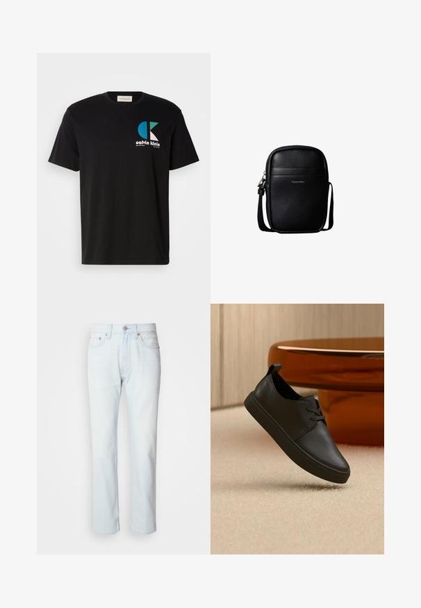 Čierne bavlnené tričko s grafikou, na ktorej je logo "calvin klein" v bielej, tyrkysovej a ružovej farbe. Okrúhly výstrih a krátke rukávy.; Svetlomodré riflové nohavice so strihom rovného nohavice. Majú gombíkový uzáver a pútka na opasok, pričom preukazujú vyblednutú štruktúru a minimálne šitie.; Čierna kožená neformálna teniska so šnúrkami, vznášajúca sa nad béžovým kobercom, na pozadí s okrúhlym jantárovým skleneným stolíkom.; Čierna kompaktna crossbody kabelka z textúrovanej kože s predným šitím a logom "Calvin Klein", s nastaviteľným ramenným popruhom.