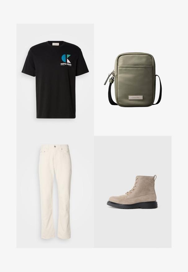 Camiseta de algodón negra con un diseño gráfico que presenta el logotipo "calvin klein" en blanco, verde azulado y rosa. Cuello redondo y mangas cortas.; Jeans de algodón color beige con un diseño clásico de pierna recta, que cuentan con un cierre frontal de botón, cinco bolsillos y detalles de costura sutiles.; Botines de ante beige con suela de goma negra, diseño con cordones y un pequeño logotipo grabado en el lateral, que cuenta con una lengüeta en la parte posterior.; Bolso bandolera compacto verde oliva con bolsillo frontal, correa negra ajustable, cierre de cremallera y placa con el logo de Calvin Klein.
