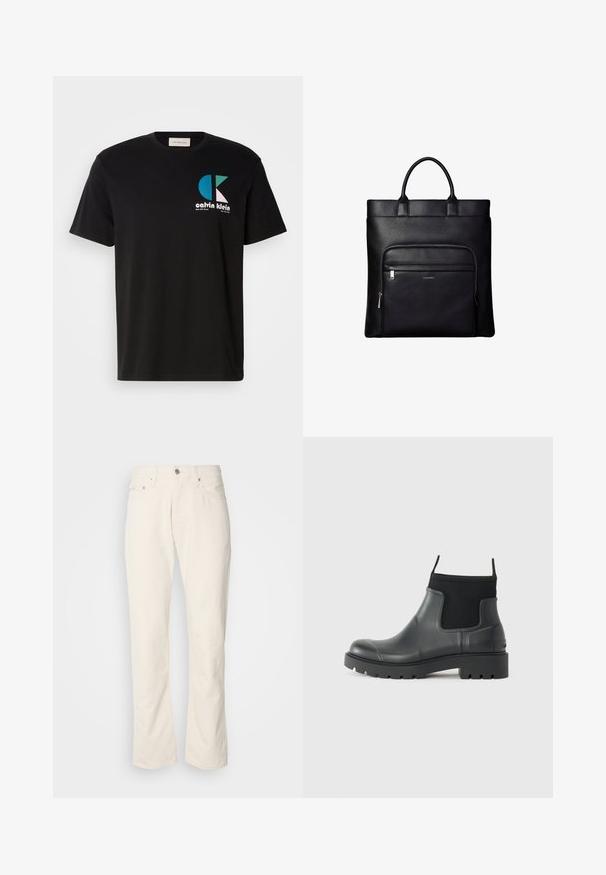 Zwarte katoenen t-shirt met een grafisch ontwerp met het logo "calvin klein" in wit, teal en roze. Ronde halslijn en korte mouwen.; Beige katoenen jeans met een klassiek recht model, met een knoopsluiting aan de voorkant, vijf zakken en subtiele stikdetails.; Zwarte enkelboots van rubber met een matte afwerking, voorzien van een slank ontwerp, elastische panelen en een chunky zool voor grip.; Zwarte leren tote bag met bovenhandvatten en een voorvak met ritssluiting met een klein Calvin Klein-logo op het vak.