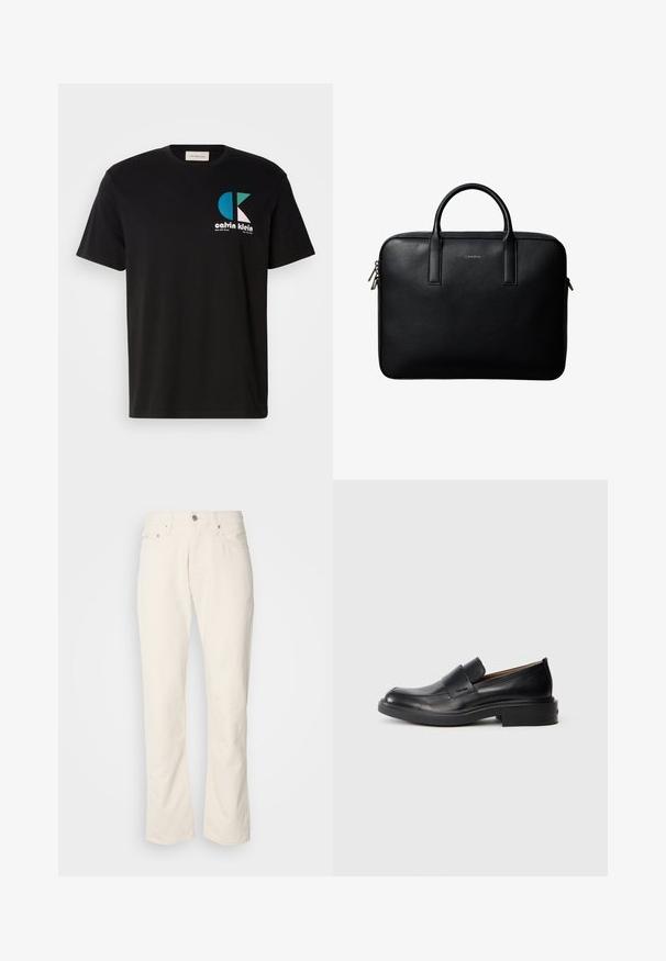 Schwarzes Baumwoll-T-Shirt mit einem Grafikdesign, das das Logo "calvin klein" in Weiß, Türkis und Pink zeigt. Runder Ausschnitt und kurze Ärmel.; Beige Baumwolljeans mit klassischem geradem Bein, ausgestattet mit einem Frontknopfverschluss, fünf Taschen und dezenten Nähdetails.; Schwarze Leder-Pantoletten mit niedrigem Absatz und dezentem Calvin Klein-Logo an der Seite, im Profil vor einem weißen Hintergrund dargestellt.; Schwarze strukturierte Lederaktentasche mit zwei Griffen und silbernen Reißverschlussanhängern, zentriert auf weißem Hintergrund.