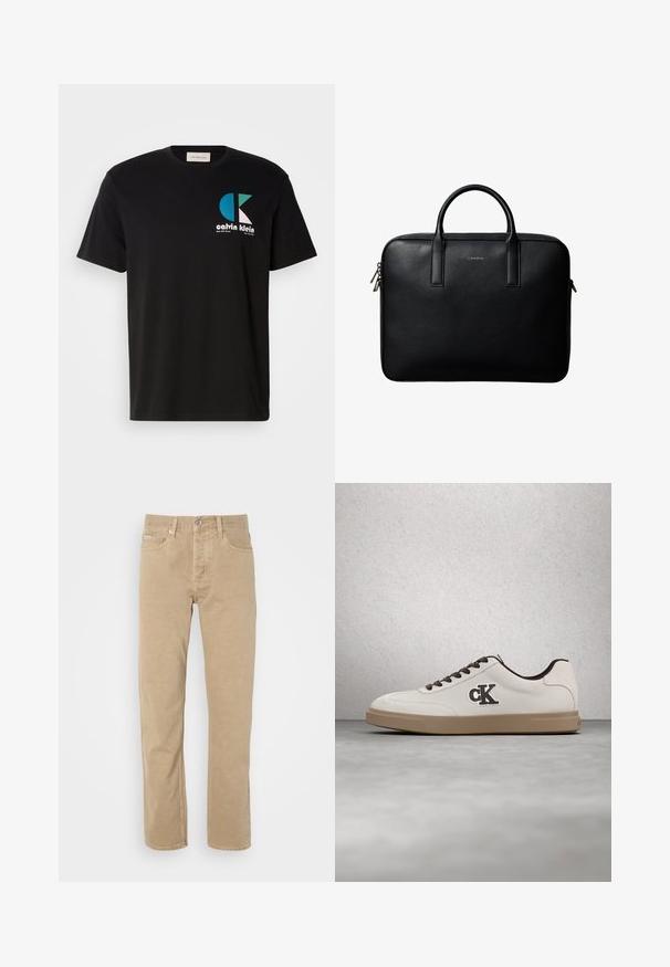 Sort bomulds T-shirt med et grafisk design, der har logoet "calvin klein" i hvid, teal og pink. Rund halsudskæring og korte ærmer.; Beige bomuldsbukser med lige ben, der har forlommer, knaplukning og diskrete syninger langs sømmene.; Hvid sneakers med brune accenter, ruskindsmateriale, flade snørebånd og gummisål. Har en logo på siden og en glat tekstur.; Sort tekstureret lædermappe med dobbelte håndtag og sølv lynlås, centreret på hvid baggrund.