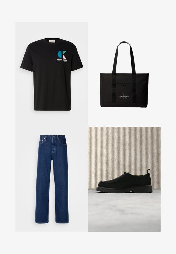 Zwarte katoenen t-shirt met een grafisch ontwerp met het logo "calvin klein" in wit, teal en roze. Ronde halslijn en korte mouwen.; Donkerblauwe denim jeans met een wijdbeen ontwerp, voorzien van een knoopsluiting en klassieke vijf-pocket styling. De stof heeft een gladde textuur.; Zwarte casual leren schoen met veters, dikke zool en treklus, zwevend boven een beige tapijt met een bruine, afgeronde meubelstuk op de achtergrond.; Zwarte Calvin Klein totebag met twee lange handvatten en een voorvak, met het logo van het merk in wit en grijs.
