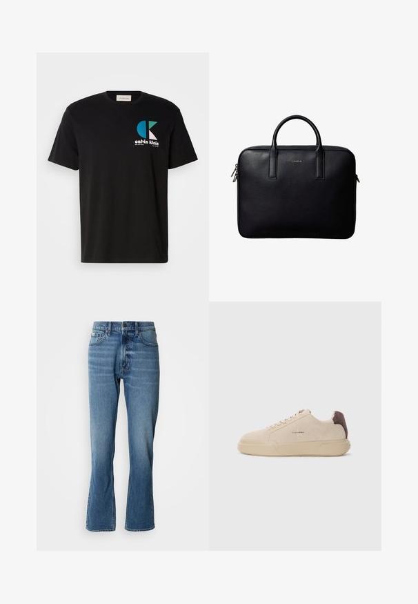 Sort bomulds T-shirt med et grafisk design, der har logoet "calvin klein" i hvid, teal og pink. Rund halsudskæring og korte ærmer.; Lyseblå denim jeans med lige pasform og let flare. Har fem lommer, knaplukning og subtile slidte detaljer.; Beige ruskind sneakers med rund tå, snørret foran og en brun ruskindsdetalje på hælen. Har en tekstureret gummisål.; Sort lædermappe med dobbelte håndtag, rektangulær form og sølvfarvede lynlås træk, med en lille præget logo i midten.
