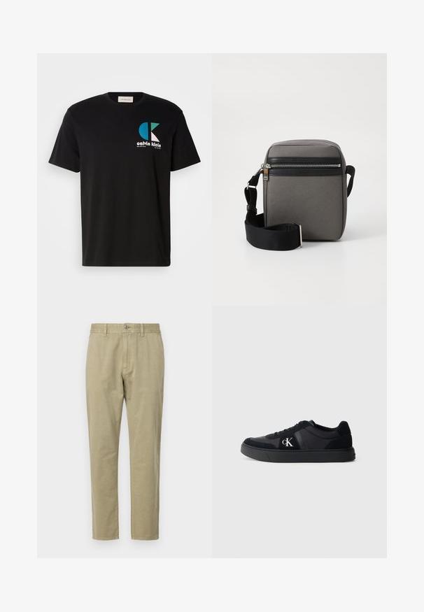 Čierne bavlnené tričko s grafikou, na ktorej je logo "calvin klein" v bielej, tyrkysovej a ružovej farbe. Okrúhly výstrih a krátke rukávy.; Béžové bavlnené chinos nohavice so rovnými nohavicami, zapínaním na gombík a dvoma bočnými vreckami. Jemná textúra s jemným stehovaním.; Čierne nízke tenisky s viazaním, semišové akcenty a biele logo "cK" na boku, umiestnené na jednoduchej svetle šedej pozadí.; Sivá tkaninová crossbody taška s čiernou zipsovou kapsou, nastaviteľným popruhom a obdĺžnikovým tvarom. Má hladkú štruktúru a kovové hardvérové prvky.