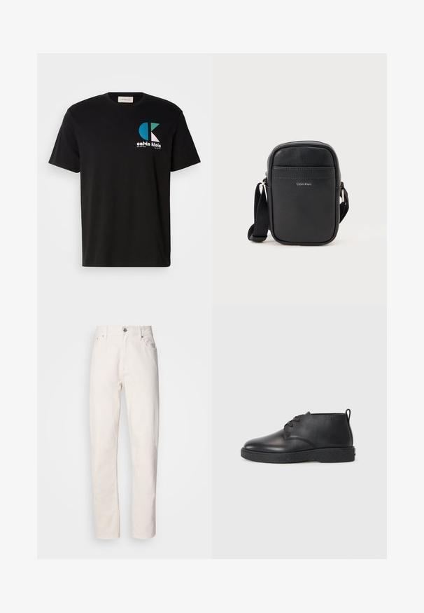 Sort bomulds T-shirt med et grafisk design, der har logoet "calvin klein" i hvid, teal og pink. Rund halsudskæring og korte ærmer.; Hvide denim jeans med lige ben, med knap- og lynlåslukning, bæltestropper samt for- og baglommer, præsenteret på en ensfarvet baggrund.; Sorte læder ankelstøvler med glat tekstur, rund tå og sort gummisål. Har en snørelukning og en hælflap for nem påtagning.; Sort læder crossbody taske med en tekstureret overflade, rektangulær form, lynlås-lukning og justerbar rem; har et logo på fronten.