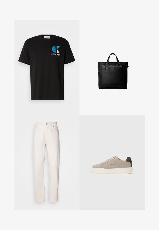 Čierne bavlnené tričko s grafikou, na ktorej je logo "calvin klein" v bielej, tyrkysovej a ružovej farbe. Okrúhly výstrih a krátke rukávy.; Rovné biele džínsy z denimu s gombíkovým a zipsovým zapínaním, pútka na opasok a predné a zadné vrecká, zobrazené na jednoduchom pozadí.; Béžové semišové tenisky s bielou gumovou podrážkou, zdobené tmavozeleným akcentom na päte a jemným brandingom na boku.; Čierna taška so dvojitými rukoväťami, veľkou koženou prednou vreckou so zipsom a jemným logom Calvin Klein v strede vrecka.