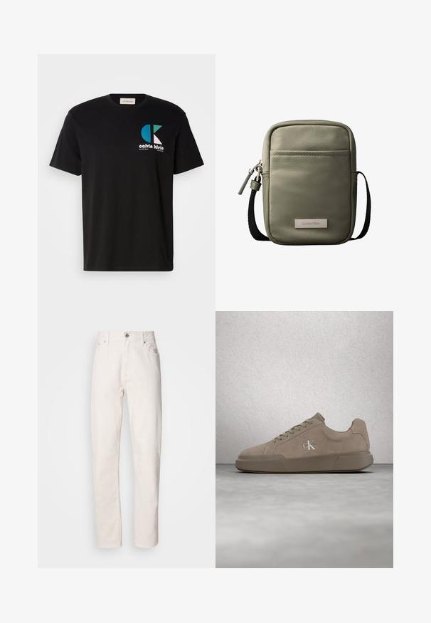 Camiseta de algodón negra con un diseño gráfico que presenta el logotipo "calvin klein" en blanco, verde azulado y rosa. Cuello redondo y mangas cortas.; Jeans de denim blanco de pierna recta con cierre de botón y cremallera, lazos para cinturón y bolsillos delanteros y traseros, mostrados sobre un fondo liso.; Zapatilla de gamuza beige con cordones y logotipo "ck", mostrada flotando sobre un suelo de hormigón pulido con una pared de bloques de vidrio al fondo.; Bolso bandolera compacto verde oliva con bolsillo frontal, correa negra ajustable, cierre de cremallera y placa con el logo de Calvin Klein.