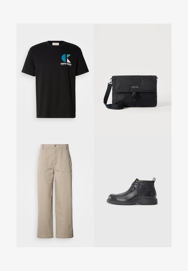 Camiseta de algodón negra con un diseño gráfico que presenta el logotipo "calvin klein" en blanco, verde azulado y rosa. Cuello redondo y mangas cortas.; Pantalones beige de pierna ancha hechos de algodón; cuentan con bolsillos frontales de parche, cierre con botón y costuras visibles a lo largo de los dobladillos.; Botas de cuero negras hasta el tobillo con punta redondeada, diseño con cordones y una lengüeta en la parte trasera. Parte superior texturizada y suela de goma.; Bolso mensajero negro de Calvin Klein con correa de hombro ajustable y solapa frontal asegurada con una hebilla, mostrado sobre un fondo liso.