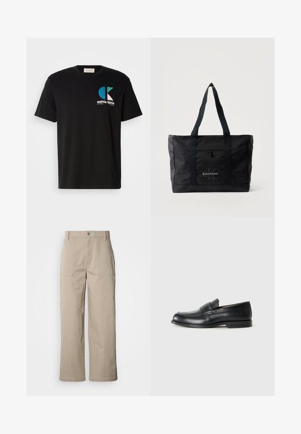 Zwarte katoenen t-shirt met een grafisch ontwerp met het logo "calvin klein" in wit, teal en roze. Ronde halslijn en korte mouwen.; Beige wijde broek van katoen; voorzien van voorzakken met klep, een knoopsluiting en zichtbare stiknaden langs de zoom.; Zwarte leren instappers met een ronde neus, gestikte details en een vlakke rubberen zool. Heeft een brede band over de wreef.; Zwarte Calvin Klein draagtas met twee lange handvatten, een voorvak met rits en een logo gedrukt in het midden aan de voorkant.
