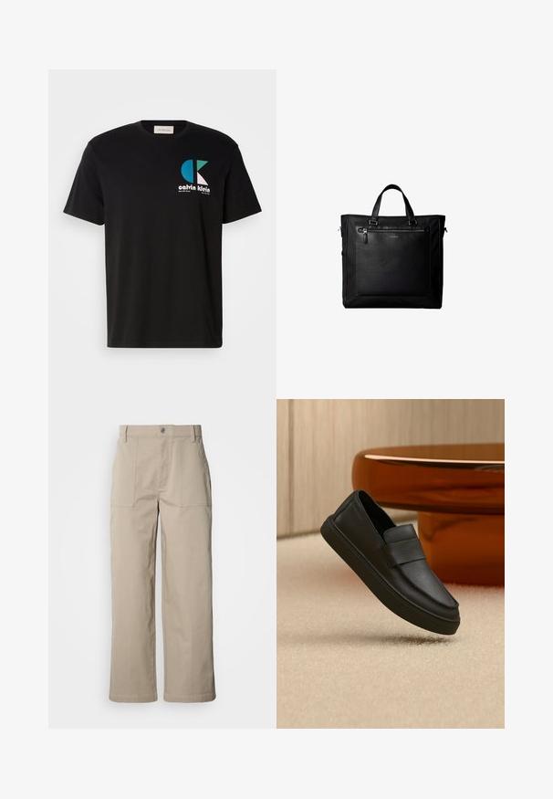Čierne bavlnené tričko s grafikou, na ktorej je logo "calvin klein" v bielej, tyrkysovej a ružovej farbe. Okrúhly výstrih a krátke rukávy.; Béžové nohavice s širokými nohavicami z bavlny; majú predné nášivkové vrecká, zapínanie na gombík a viditeľné prešívanie pozdĺž lemov.; Čierny kožený mokasín na zasúvanie s remienkom cez hornú časť, umiestnený na béžovom koberci a vedľa hnedého okrúhleho stola.; Čierna taška so dvojitými rukoväťami, veľkou koženou prednou vreckou so zipsom a jemným logom Calvin Klein v strede vrecka.