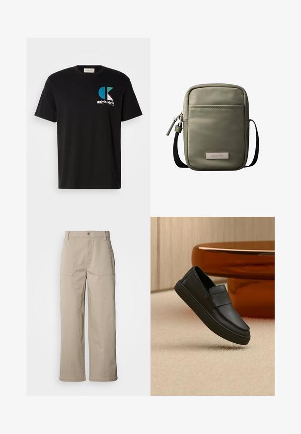 Zwarte katoenen t-shirt met een grafisch ontwerp met het logo "calvin klein" in wit, teal en roze. Ronde halslijn en korte mouwen.; Beige wijde broek van katoen; voorzien van voorzakken met klep, een knoopsluiting en zichtbare stiknaden langs de zoom.; Zwarte leren instaploafer met een band over het bovenwerk, geplaatst op een beige tapijt en naast een bruine ronde tafel.; Compact olijfgroene crossbodytas met voorvak, zwarte verstelbare band, ritssluiting en Calvin Klein logoplaatje.